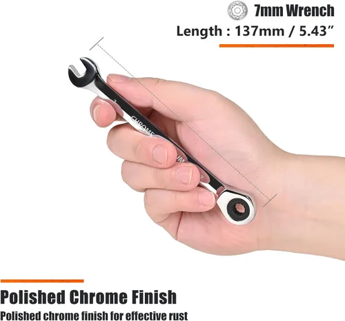 Miniatura 3 de Egofine - Llave combinada de trinquete métrica de 7 mm, llave de carraca de grado industrial con diseño de 12 puntas, trinquete de 72 dientes, acero