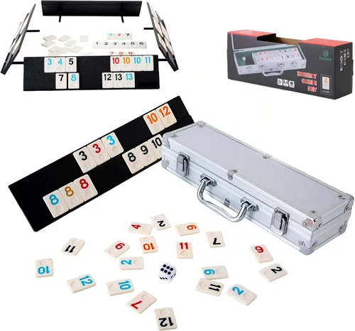 Homwom 106 Tiles Rummy Game – Juegos de viaje Rummy Juego de mesa Rummy con estuche de aluminio y 4 bandejas antideslizantes duraderas