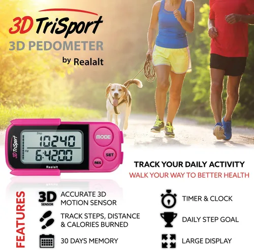 Miniatura 2 de Realalt 3DTriSport 3D Walking Pedometer with Clip & Strap, Accurate Step Counter with 30-Day Memory, Distance in Miles/KM with Large Display Perfect