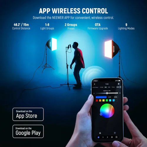 Miniatura 3 de NEEWER Paquete de 2 kits de iluminación RGB equivalente a 520 W con control de aplicación y 9 efectos, bombillas LED de 26 W CRI93+ TLCI98+