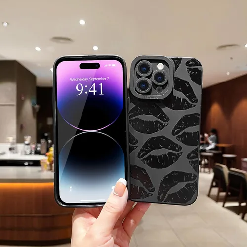 Miniatura 5 de LAPOPNUT Funda negra para iPhone 13 Pro Max, Funda de silicona suave con diseño de patrón de labios lindo para mujeres y niñas, Funda protectora a