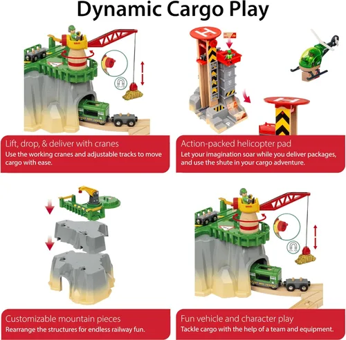 Miniatura 3 de BRIO World Cargo Mountain Set – Juego de tren de madera de 49 piezas con certificación FSC y accesorios – Compatible con todos