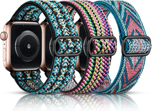 DaQin Paquete de 3 correas elásticas Solo Loop compatibles con Apple Watch de 1.654 pulgadas, 1.614 pulgadas, 1.575 pulgadas, 1.496 pulgadas, Boho
