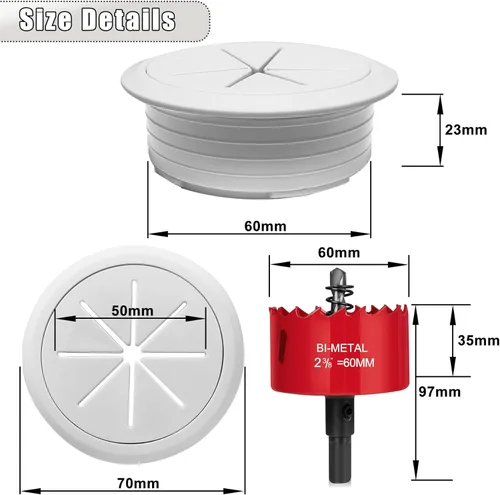 Miniatura 3 de 6 ojales de escritorio, 2-3/8 pulgadas (2.362 in) para cables, cubierta de orificio de alambre para escritorio con sierra de agujeros, oficina