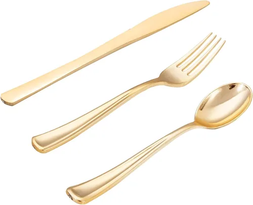 WDF Juego de cubiertos de plástico dorado desechables de 500 piezas, juego de cubiertos dorados de plástico, 250 tenedores, 125 cucharas, 125
