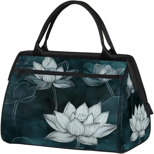 Travel Duffel Bag Ink Lotus Gym Bags for Women Men, Lightweight Waterproof Weekender Overnight Bags Carry On Travel Tote Bag