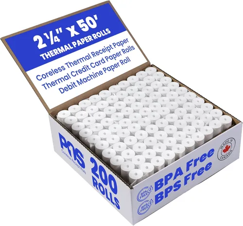 Miniatura 12 de 2 1/4 x 50 pies x 100 rollos rollos de papel térmico sin BPA sin núcleo para impresoras de papel de recibos térmicos de mano. 1.181 in de diámetro