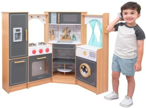 Miniatura 2 de KidKraft Cocina de juego de madera con luces y sonidos, teléfono y cortinas, natural, regalo para mayores de 3 años
