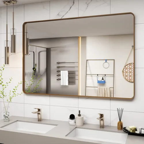 Miniatura 130 de Paquete de 2 espejos de baño con marco de metal negro de 22 x 30 pulgadas, espejo rectangular redondeado negro mate, antioxidante, se cuelga