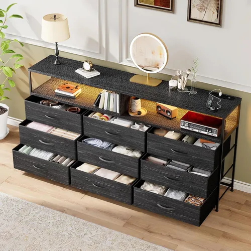 Miniatura 8 de Cómoda negra de 55 pulgadas de ancho para dormitorio con estación de carga y luz LED, soporte de TV de 65/55/50 pulgadas con 9 cajones de tela