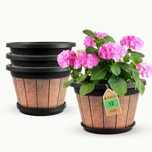 Miniatura 7 de Quarut - Paquete de 4 macetas de 8 pulgadas, macetas de barril de whisky mejoradas con agujeros de drenaje y platillo, macetas de flores de plástico