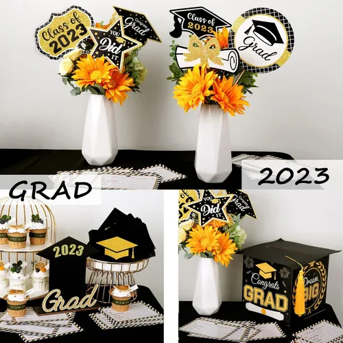 Miniatura 6 de Decoraciones para fiestas de graduación 2023, juego de 60 piezas: telón de fondo grande para foto, caja de tarjetas de graduación, palos de centro