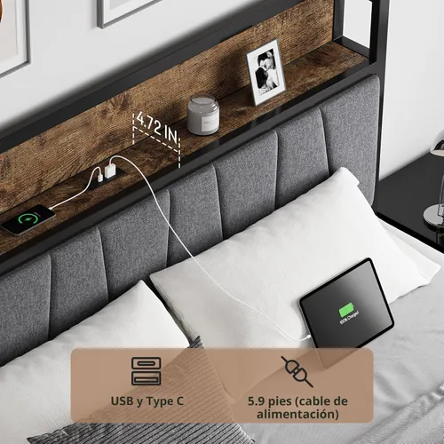 Miniatura 3 de Cikunasi Base de cama tamaño Queen con cabecero y almacenamiento, base de cama con plataforma de cajones con estación de carga y luz LED, Gris