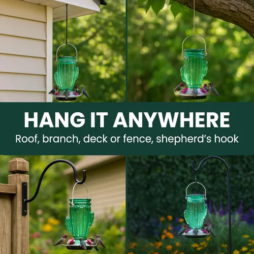 Miniatura 6 de Perky-Pet Comedero para colibríes de vidrio con relleno superior de cactus con protectores de abeja integrados y perchas extraíbles, capacidad