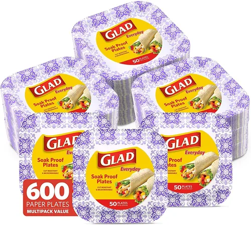 Miniatura 15 de Glad Platos cuadrados de papel desechables, patrón victoriano verde, fuertes, resistentes, a prueba de remojo y aptos para microondas para cena