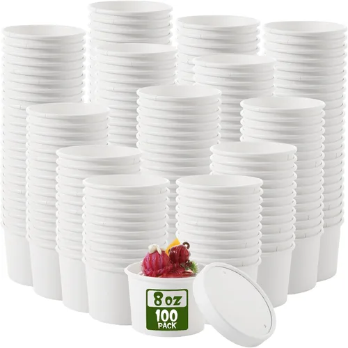 Miniatura 8 de Fulmoon Paquete de 100 recipientes de papel para sopa con tapas, recipientes de papel desechables para alimentos con tapa ventilada, tazas de postre