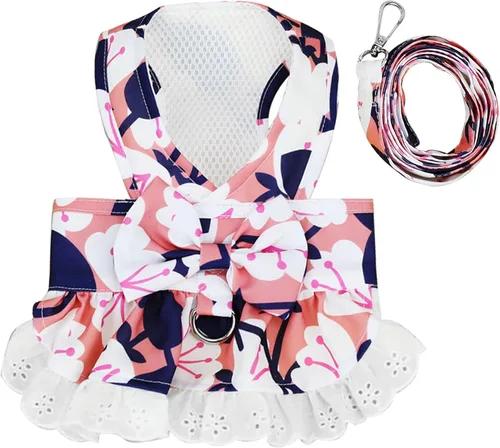 Miniatura 7 de BAEJMJK Juego de arnés y correa para perros pequeños, vestido de cachorro con lazo floral para niña, transpirable, lindo vestido de princesa