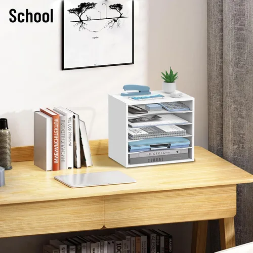 Miniatura 7 de Organizador de escritorio de madera de 5 niveles, organizador de bandeja de papel para escritorio con estantes de almacenamiento ajustables, Blanco
