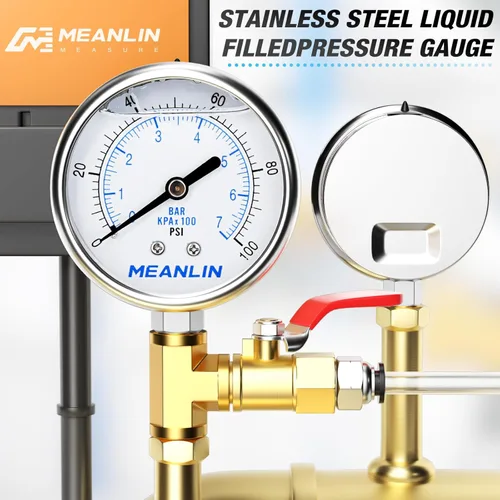 Miniatura 3 de MEANLIN MEASURE Medidor de presión de acero inoxidable relleno de líquido de 0 ~ 100 psi con junta de acero inoxidable 316, esfera de cara NPT