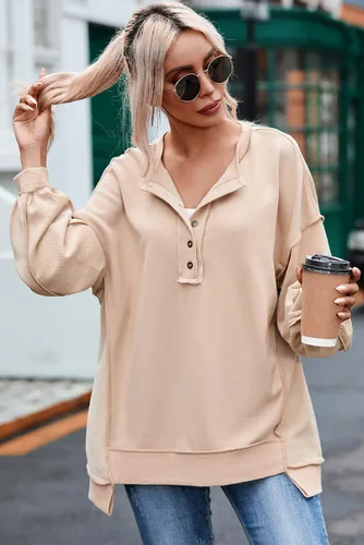 Miniatura 65 de AlvaQ - Sudadera de gran tamaño para mujer, informal, de manga larga, con botones y cuello Henley, tipo túnica