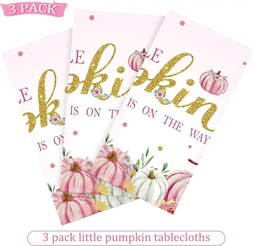 Miniatura 4 de WovWeave 3 manteles de plástico con diseño de calabaza rosa con texto en inglés "A Little Pumpkin is On the Way