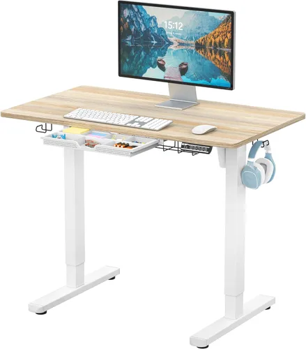 Miniatura 11 de SHW Escritorio eléctrico de pie ajustable de altura de 40 pulgadas con cajón, preajuste de memoria y bandeja de gestión de cables, color marrón