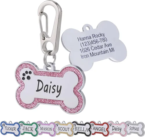 Miniatura 12 de Etiquetas de identificación de mascotas personalizadas de acero inoxidable con diseño de hueso brillante - Etiquetas de perro profundamente grabadas