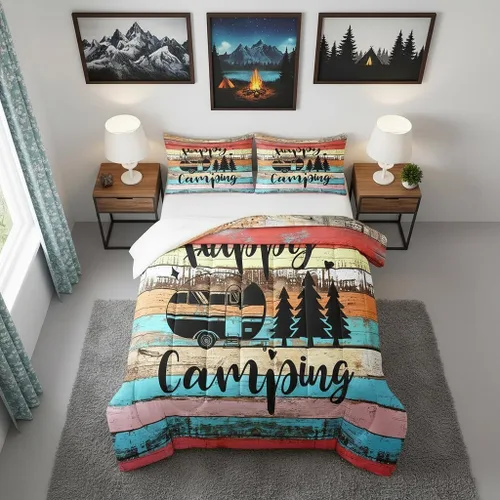 Miniatura 28 de Happy Camping - Juego de edredón de 3 piezas, tamaño Queen, retro, azul, rojo, blanco, rayas de madera, para niños, adolescentes, adultos, Multi 19