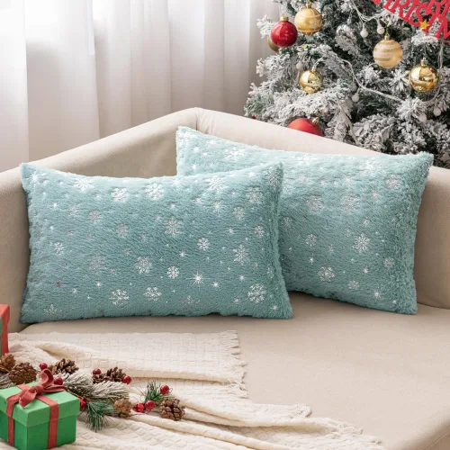 Miniatura 26 de MIULEE - Juego de 2 fundas de cojín decorativas de Navidad, hechas de piel sintética suave con copos de nieve plateados y brillantina, para Verde