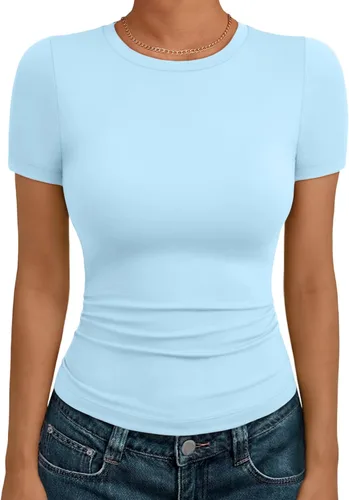 Miniatura 24 de AUTOMET - Camisetas básicas de manga corta para mujer, para verano, entrenamiento o gimnasio, con cuello redondo, ropa moderna estilo Y2K