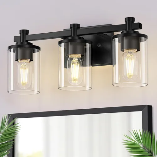 Miniatura 46 de DORESshop Lámparas de baño, 3 luces negras y doradas para baño sobre espejo con pantalla de vidrio transparente, luces de tocador para baño, Negro