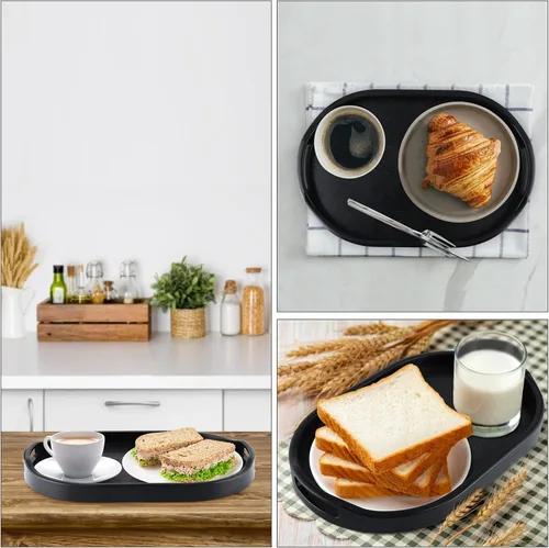 Miniatura 6 de MDLUU Bandeja de plástico para servir, bandeja otomana de 14.8 pulgadas de largo con asas recortadas, bandeja ovalada para mayordomo para desayuno