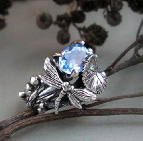 Miniatura 4 de Anillos vintage de plata tailandesa 925 plata tailandesa topacio azul hoja de loto libélula anillos boda fiesta joyería regalo