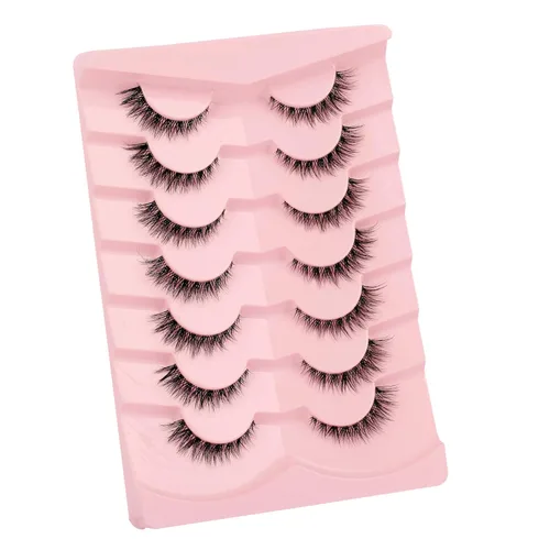 Miniatura 4 de Paquete de pestañas postizas cortas y naturales, pestañas onduladas estilo ojo de gato, banda transparente, tiras suaves, pestañas falsas, 7 pares