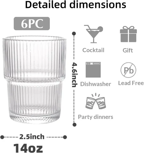 Miniatura 3 de Juego de 6 lindos vasos de vidrio acanalados, vaso de vidrio transparente vintage de 14 oz, estilo origami, diseño acanalado, ideal para agua, café