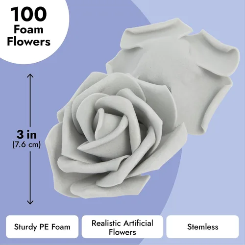 Miniatura 5 de Bright Creations Rosas de espuma de flores artificiales, paquete de 100 cabezas de flores de polietileno gris de 3 pulgadas, rosas grises sin tallo