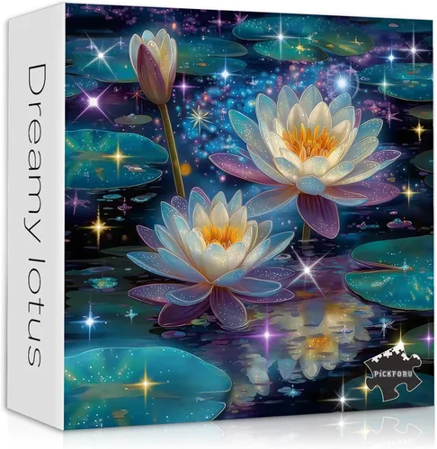 Rompecabezas de flores de loto de ensueño para adultos, 1000 piezas, rompecabezas artístico de lirio de agua de fantasía con estrellas brillantes,