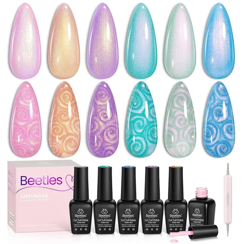 Miniatura 12 de Beetles - Juego Carnival Evergreen de 6 esmaltes de uñas de gel con purpurina, kit de 6 piezas con lámpara de remojo, aguacate, diseño de arte