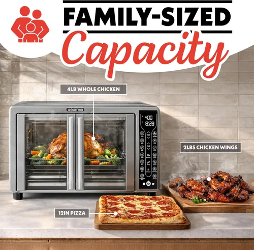 Miniatura 6 de Gourmia Freidora de aire para puerta francesa: horno de convección de gran capacidad de 25 cuartos de galón, fryfroce 360°, pantalla digital con 17