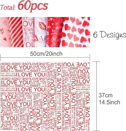 Miniatura 3 de CHRORINE 60 hojas de papel de seda de San Valentín, 6 diseños, papel de regalo para el día de San Valentín, decoración de manualidades de fiesta