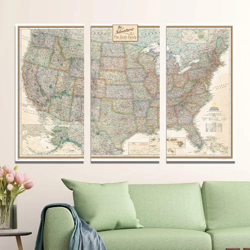 Miniatura 8 de 3 paneles - Mapa de viaje colorido del mundo con alfileres en lienzo envuelto en galería, mapa de pared grande
