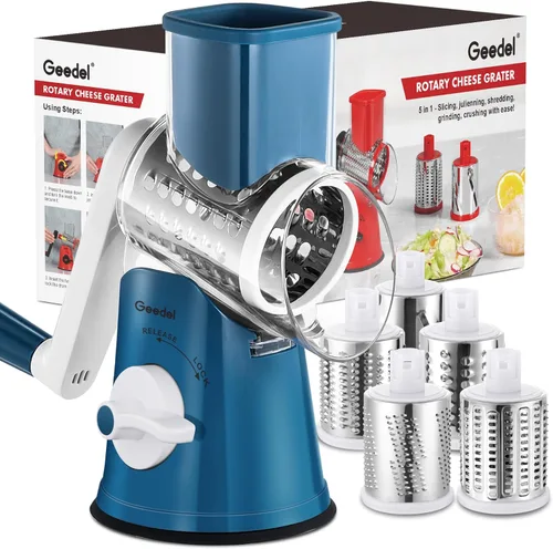 Miniatura 12 de Rallador de queso giratorio Geedel con 3 cuchillas intercambiables, rallador de mandolina de cocina para verduras, frutas, nueces, fácil de limpiar