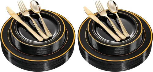 WDF 125 platos negros desechables con borde dorado y cubiertos desechables de plástico dorado para Halloween, 50 platos de graduación, 25 tenedores,