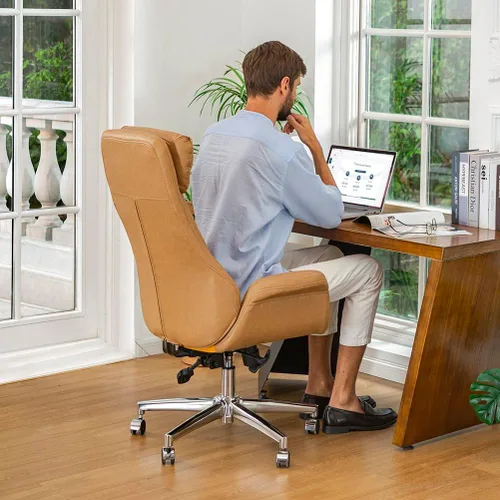 Miniatura 9 de Glitzhome Silla de oficina ejecutiva moderna, silla de escritorio ergonómica de piel sintética con respaldo alto, silla de oficina giratoria