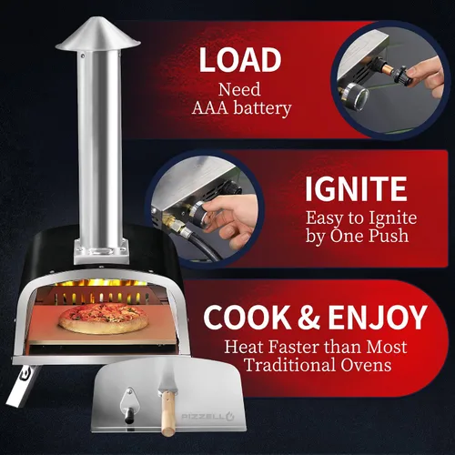 Miniatura 5 de PIZZELLO Horno de pizza para exteriores de 12 pulgadas, con propano y leña, multicombustible, con quemador de gas, bandeja de madera, piedra, Negro