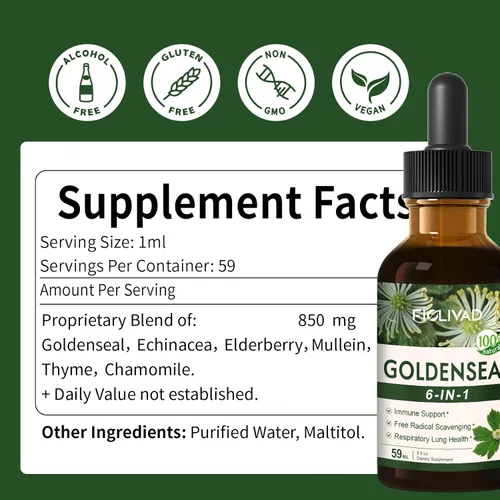 Miniatura 8 de Goldenseal Extracto de raíz líquida gota para apoyo inmunológico y respiratorio de la salud pulmonar, suplemento de fórmula herbaria 6 en 1