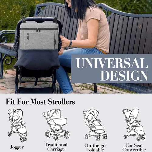 Miniatura 5 de Organizador universal para cochecito de bebé, espacio grande con portavasos aislado, bolsa de pañales desmontable, correa de hombro ajustable