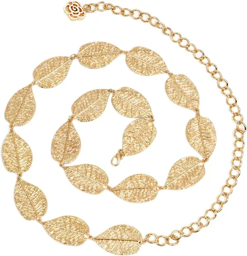 Miniatura 2 de Coucoland Cinturón de cadena de cintura ajustable para mujer, diseño de hoja de metal para vestido, Oro
