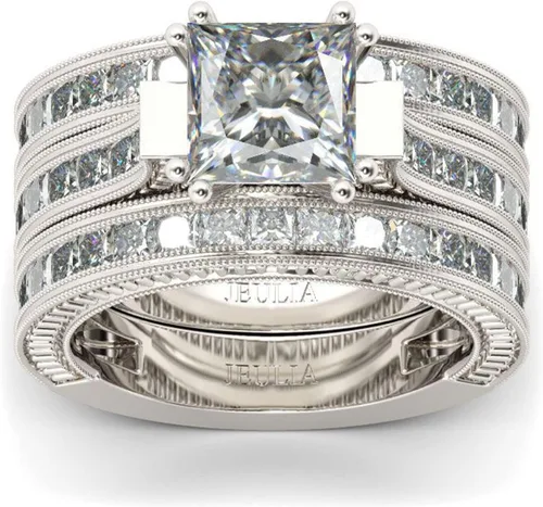 Miniatura 8 de Jeulia - Juego de 3 piezas de anillos de corte princesa juego nupcial de plata de ley con halo de diamantes, anillo de compromiso, anillo de boda
