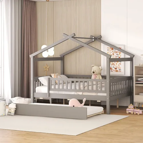 Miniatura 8 de Cama de casa con nido y valla, camas de tamaño matrimonial estilo Montessori con barandillas, marco de cama de madera para niños, niñas, niños